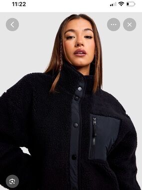 Fabletics Black Sherpa Snap-Front Jacket-Khloe Kardashian collection